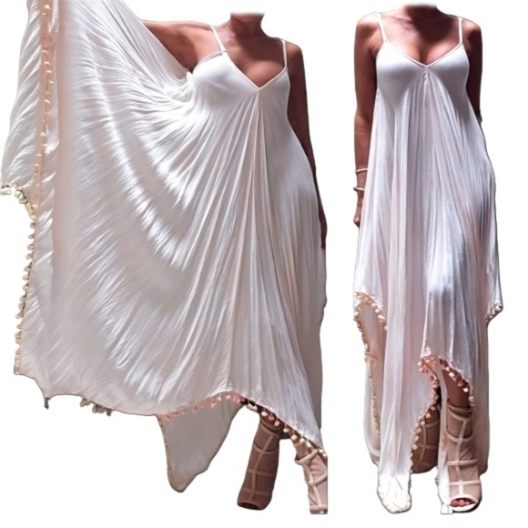 Vintage Dresses & Skirts - GORGEOUS Pastel Ombre Pink Linen Long Scarf Dress Maxi Retro Puff Ball Trim